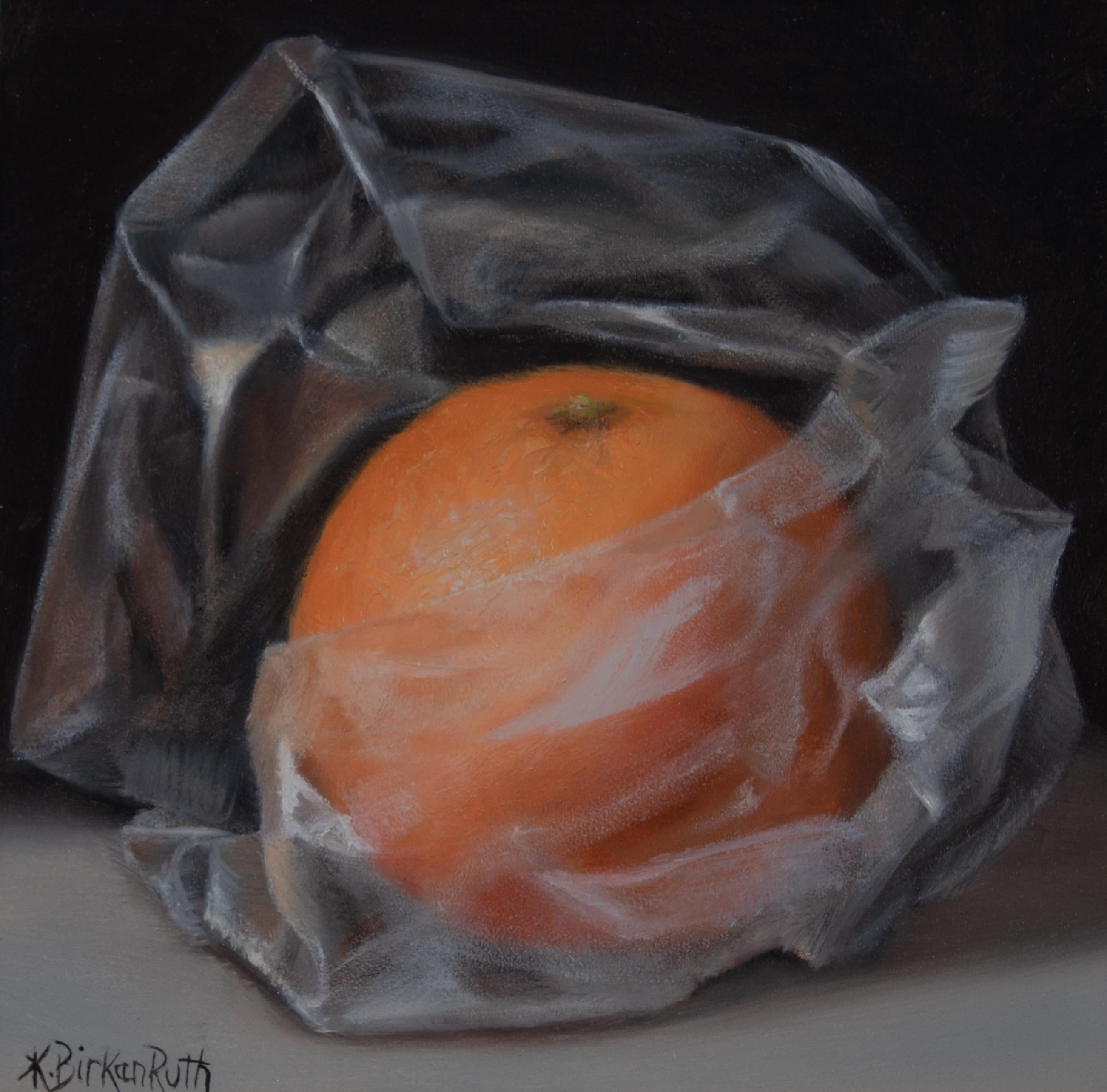 Kelly Birkenruth's "Orange Wrapped in Plastic" (2023) is an original oil painting on panel, measuring 5 x 5 x 1 inches. This captivating still life features an orange wrapped in a translucent plastic sheet, showcasing Birkenruth's exceptional