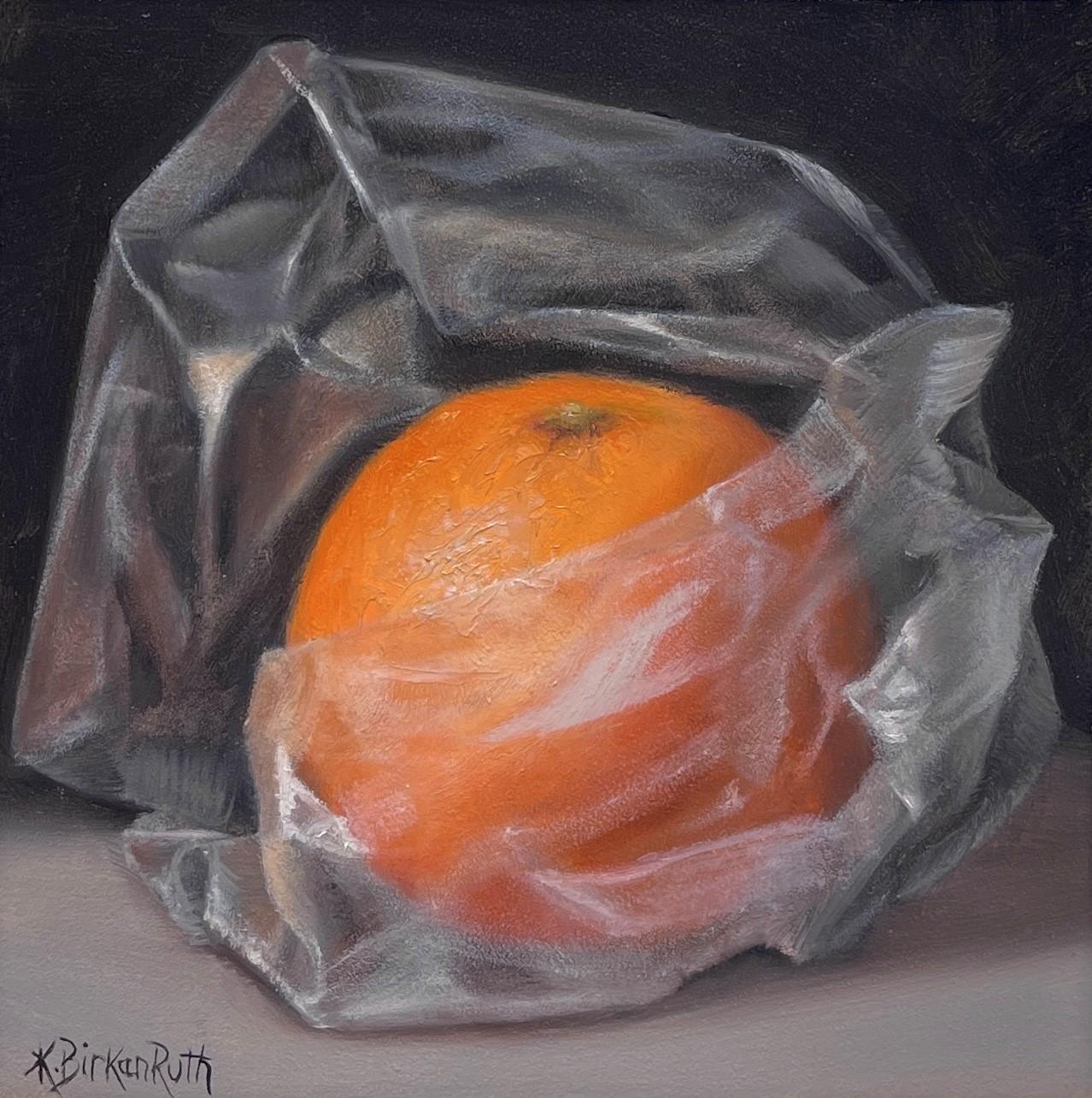 Kelly Birkenruth's "Orange Wrapped in Plastic" (2023) is an original oil painting on panel, measuring 5 x 5 x 1 inches. This captivating still life features an orange wrapped in a translucent plastic sheet, showcasing Birkenruth's exceptional