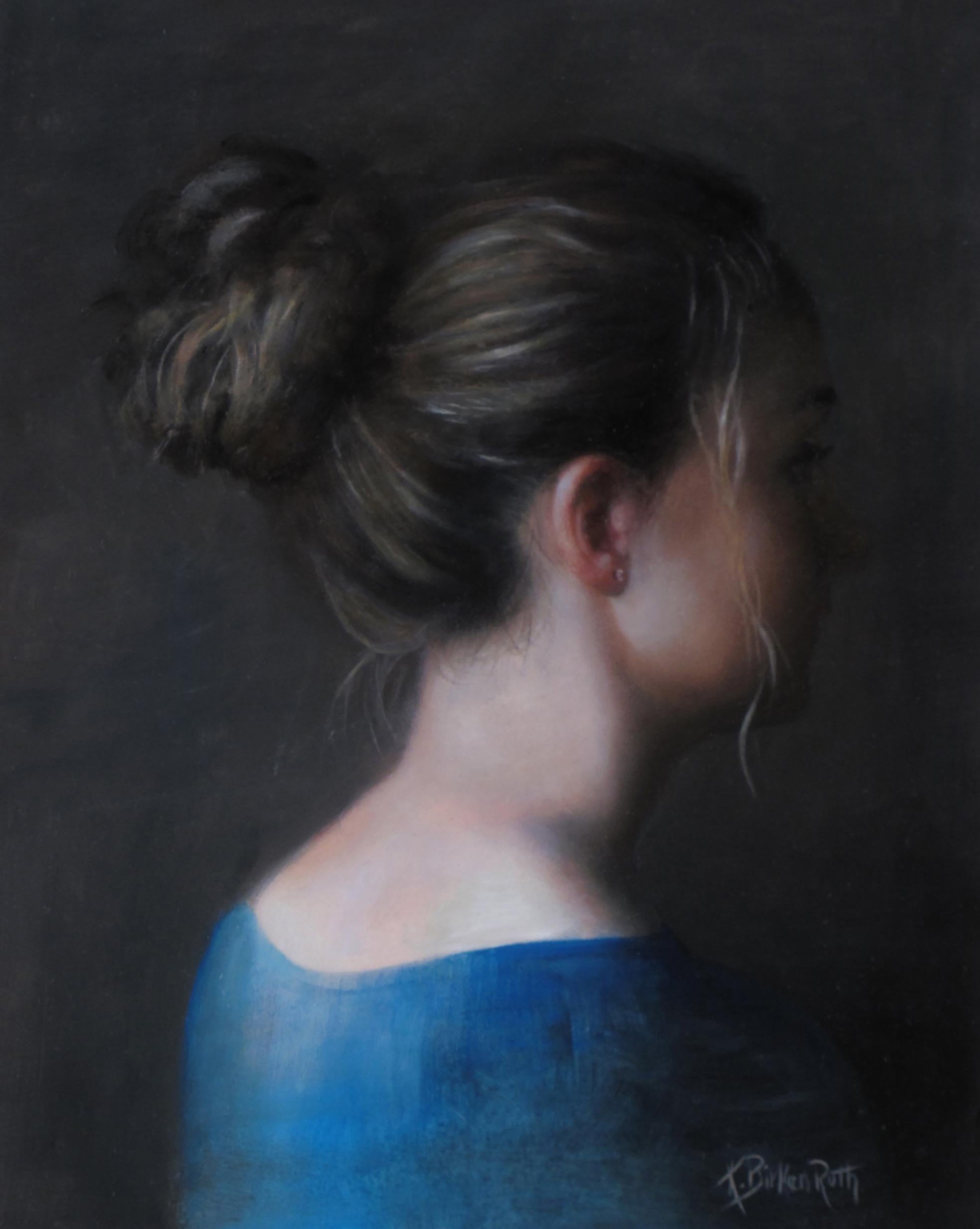 Kelly Birkenruth's "Portrait in Blue" (2021) is a captivating original oil painting on panel, measuring 10 x 8 x 2 inches. This exquisite piece showcases a delicate profile of a young woman with her hair elegantly styled in a bun, exuding timeless