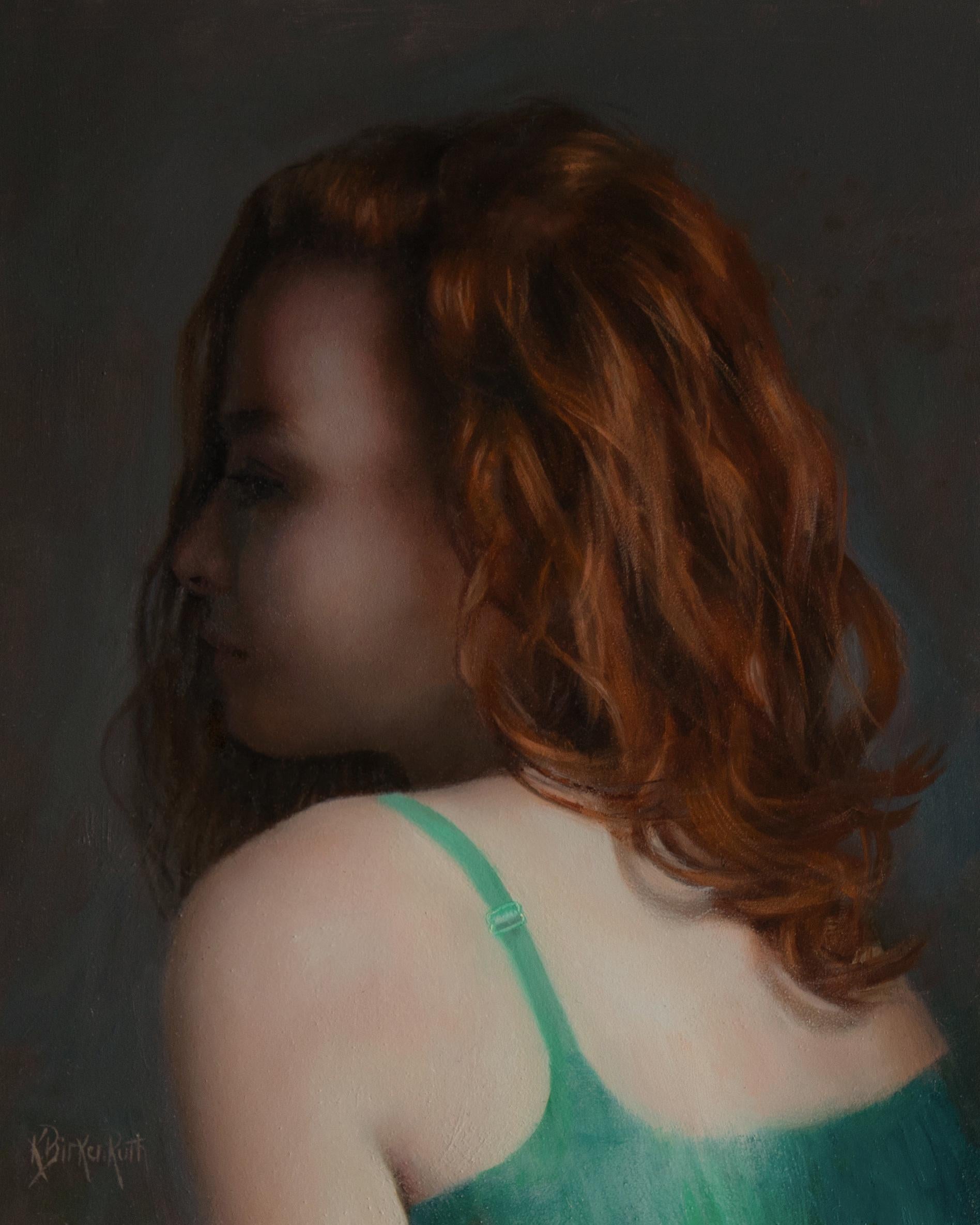 Kelly Birkenruth's "Portrait in Green" (2021) is an exquisite original oil painting on panel, measuring 10 x 8 x 2 inches. This stunning piece captures the profile of a young woman with flowing red hair, elegantly dressed in a green garment. The