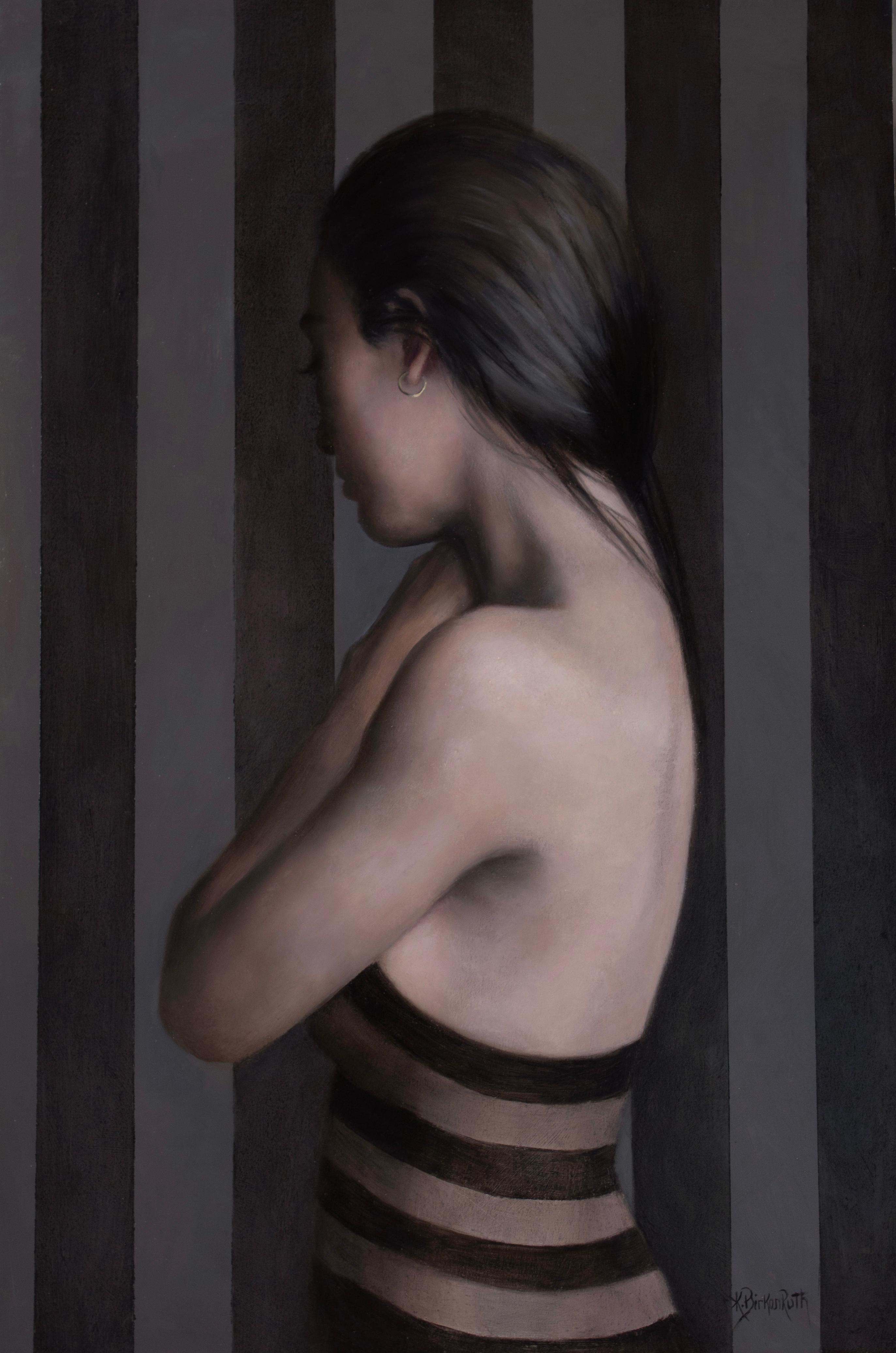 Kelly Birkenruth's "Shying Away" (2023) is an evocative original oil painting on panel, measuring 18 x 12 x 2 inches. This captivating artwork features the delicate profile of a young woman in a contemplative pose, set against a background of