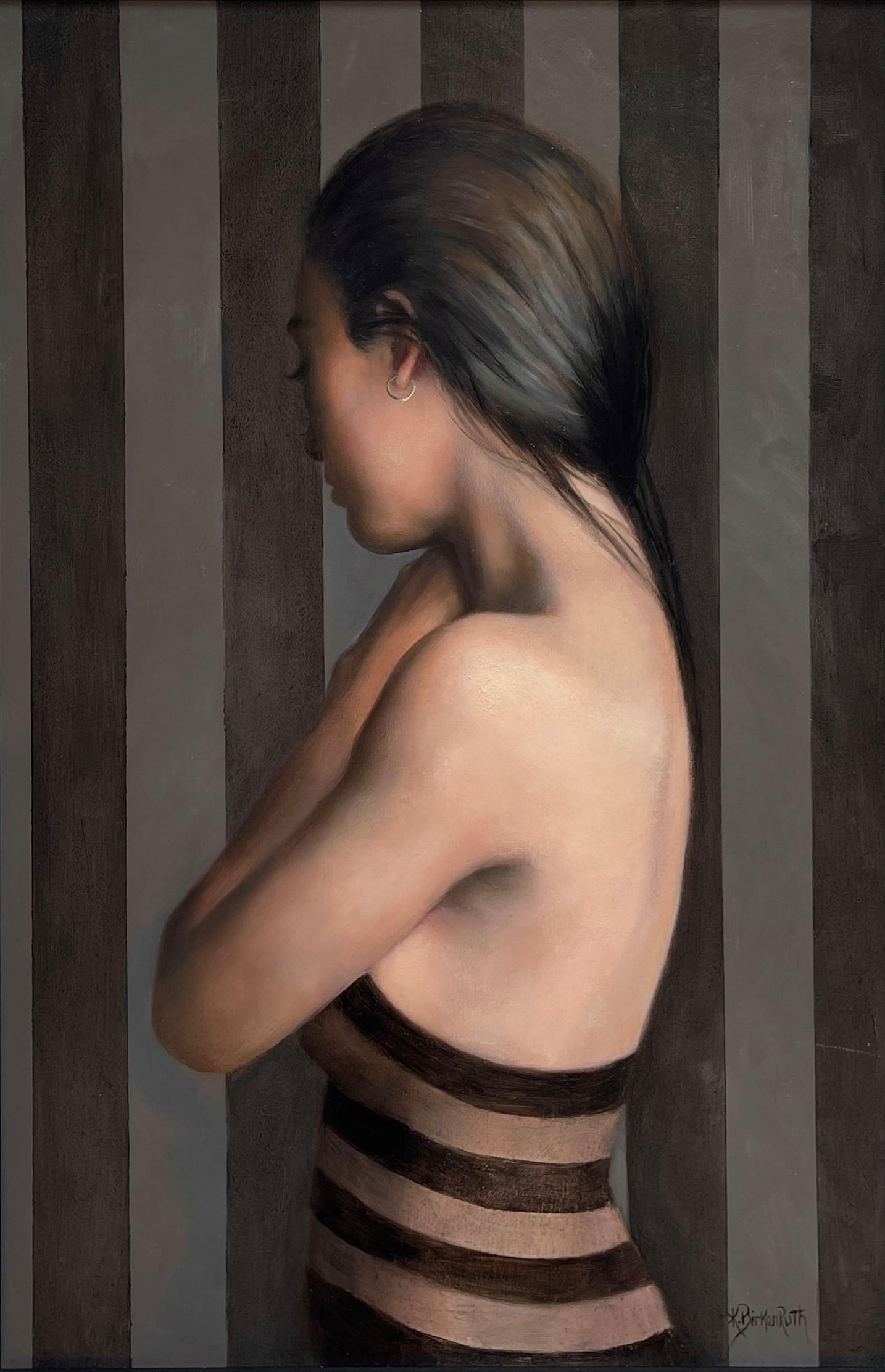 L'opera "Shying Away" (2023) di Kelly Birkenruth è un suggestivo dipinto originale a olio su pannello che misura 18 x 12 x 2 pollici. Questa accattivante opera d'arte presenta il profilo delicato di una giovane donna in posa contemplativa, su uno