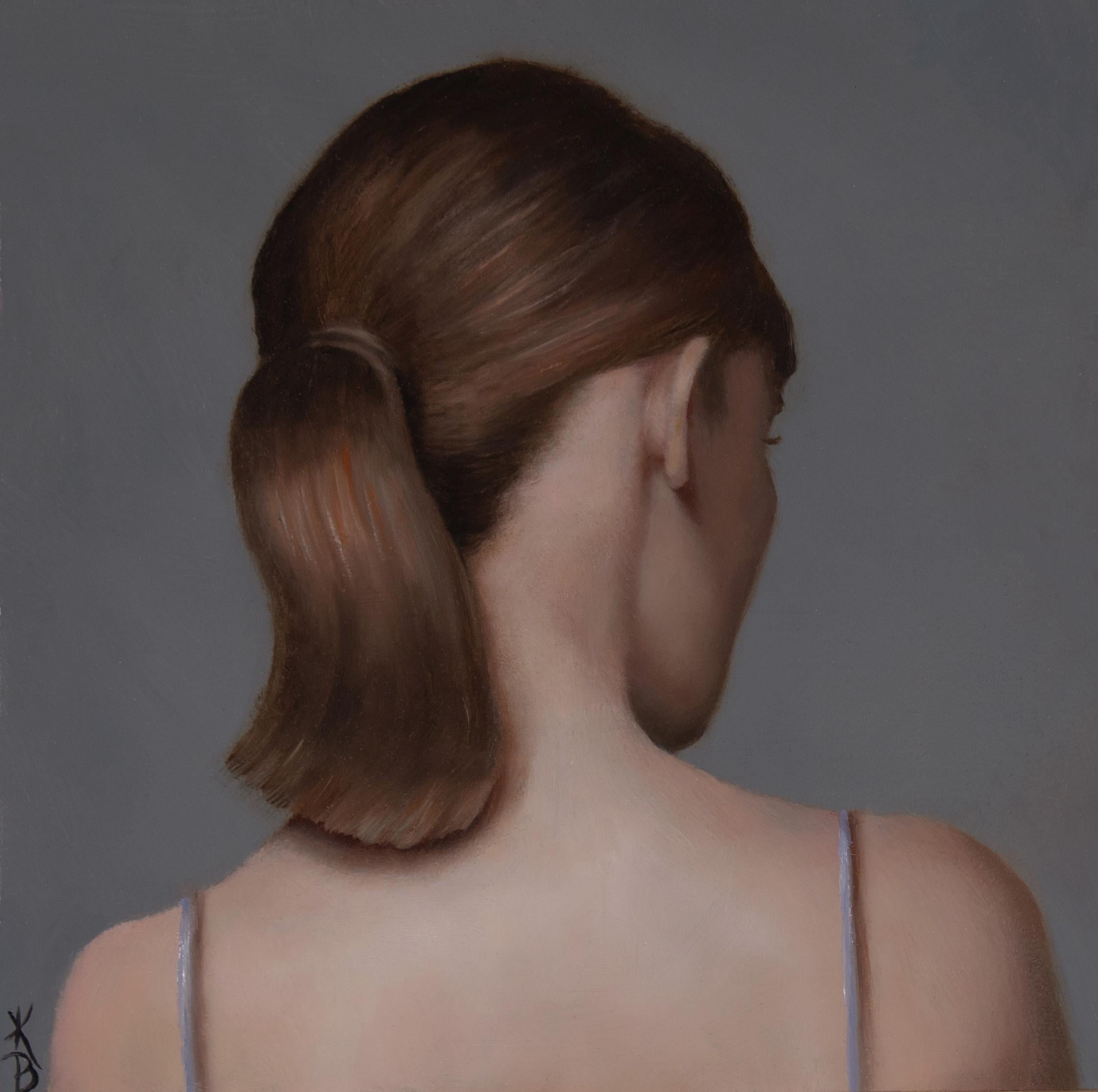 Kelly Birkenruth's "Sleek Ponytail" (2023) is an original oil painting on panel, measuring 6 x 6 x 2 inches. This elegant artwork features the back profile of a young woman with her hair styled in a sleek ponytail. The soft, muted background