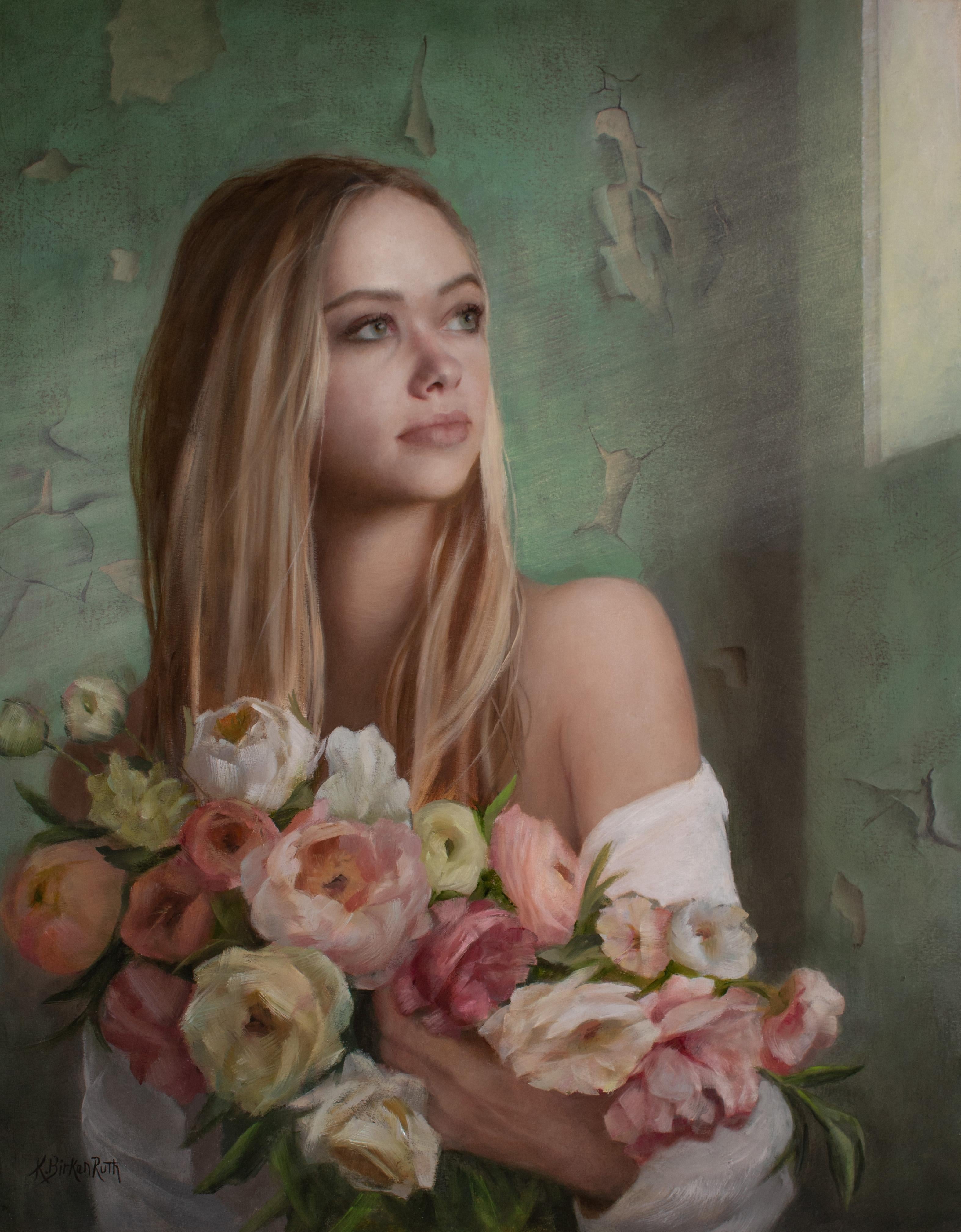 "The Light Always Shines Through" di Kelly Birkenruth, (2024), è un dipinto a olio su pannello magistralmente eseguito, che misura 20 x 16 pollici (dimensioni della cornice: 24 x 20 pollici). Questo lavoro figurativo contemporaneo cattura un momento
