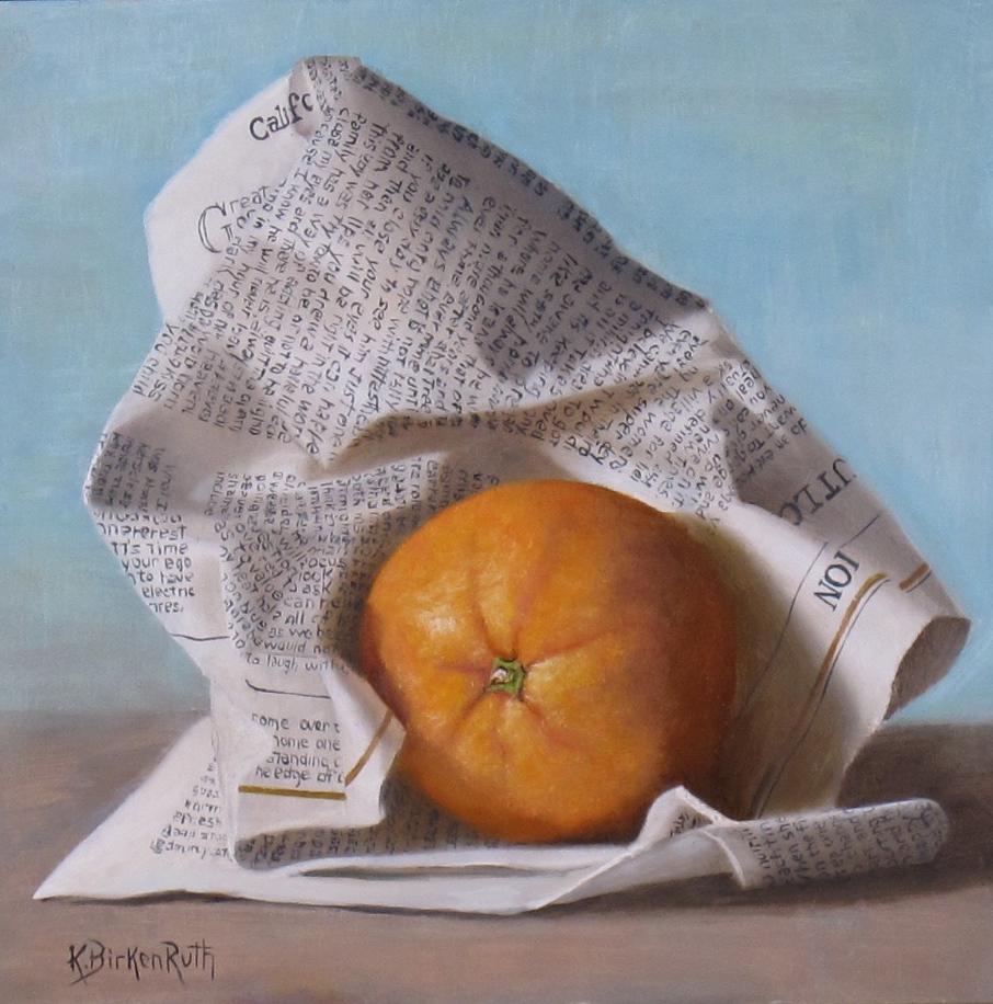 Kelly Birkenruth Figurative Painting - "Wrapped Orange, " Oil Painting