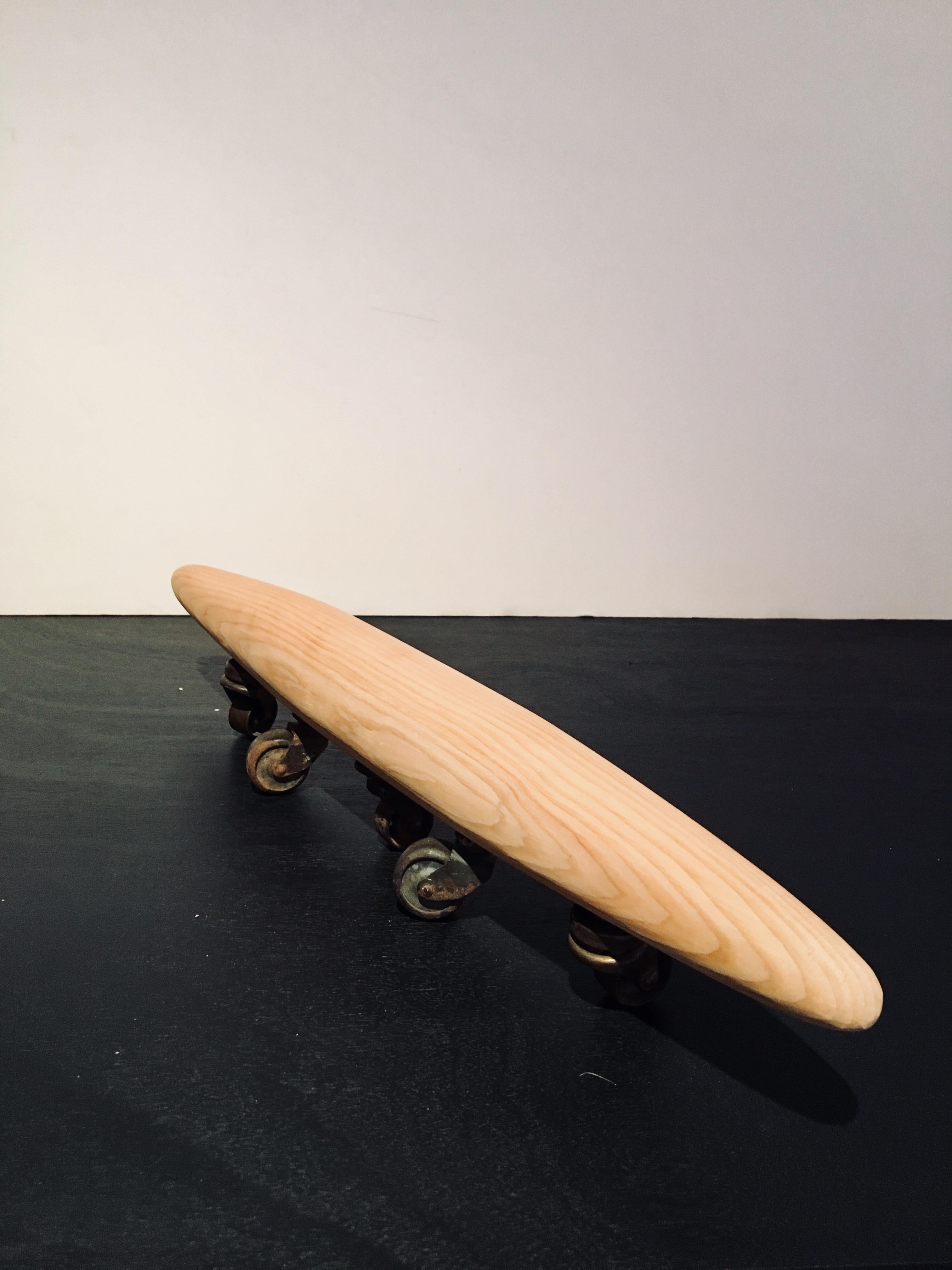 Abstract Skateboard wood Sculpture: 'Wheels' - Brown Abstract Sculpture by Kelly Bugden + Van Wifvat