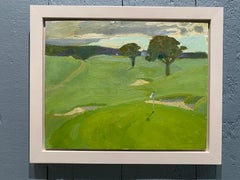 "10th Hole, Gardiner Bay" Oil painting of Golf Course, green grass hillside 2024
