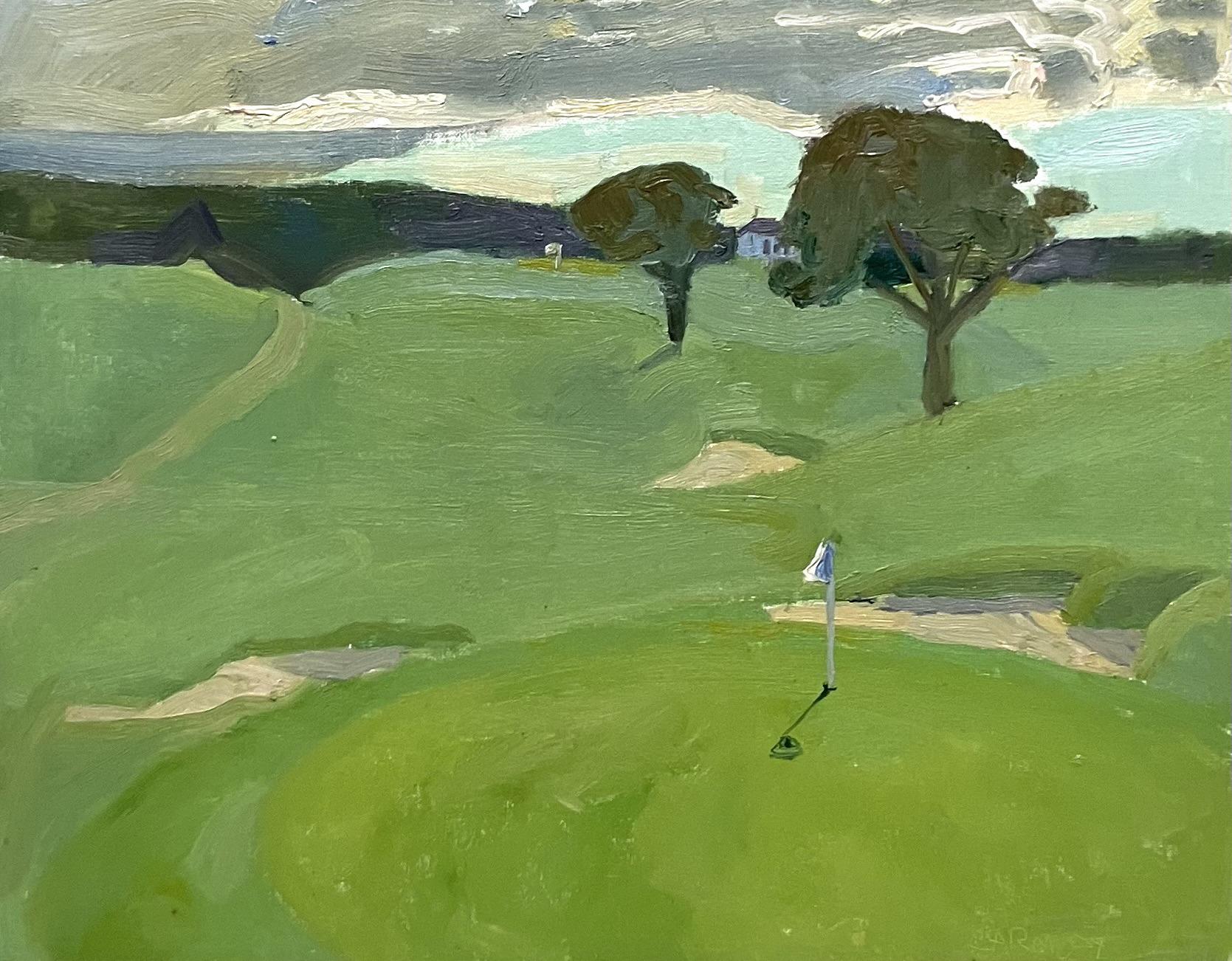 "Hoyo 10, Bahía de Gardiner" Pintura al óleo de un campo de golf, ladera de hierba verde 2024 - Painting de Kelly Carmody