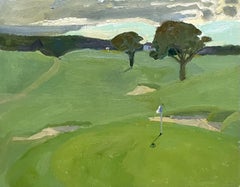 "10th Hole, Gardiner Bay" Oil painting of Golf Course, green grass hillside 2024
