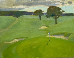"10° buca, Gardiner Bay" Dipinto a olio di un campo da golf, collina con erba verde 2024