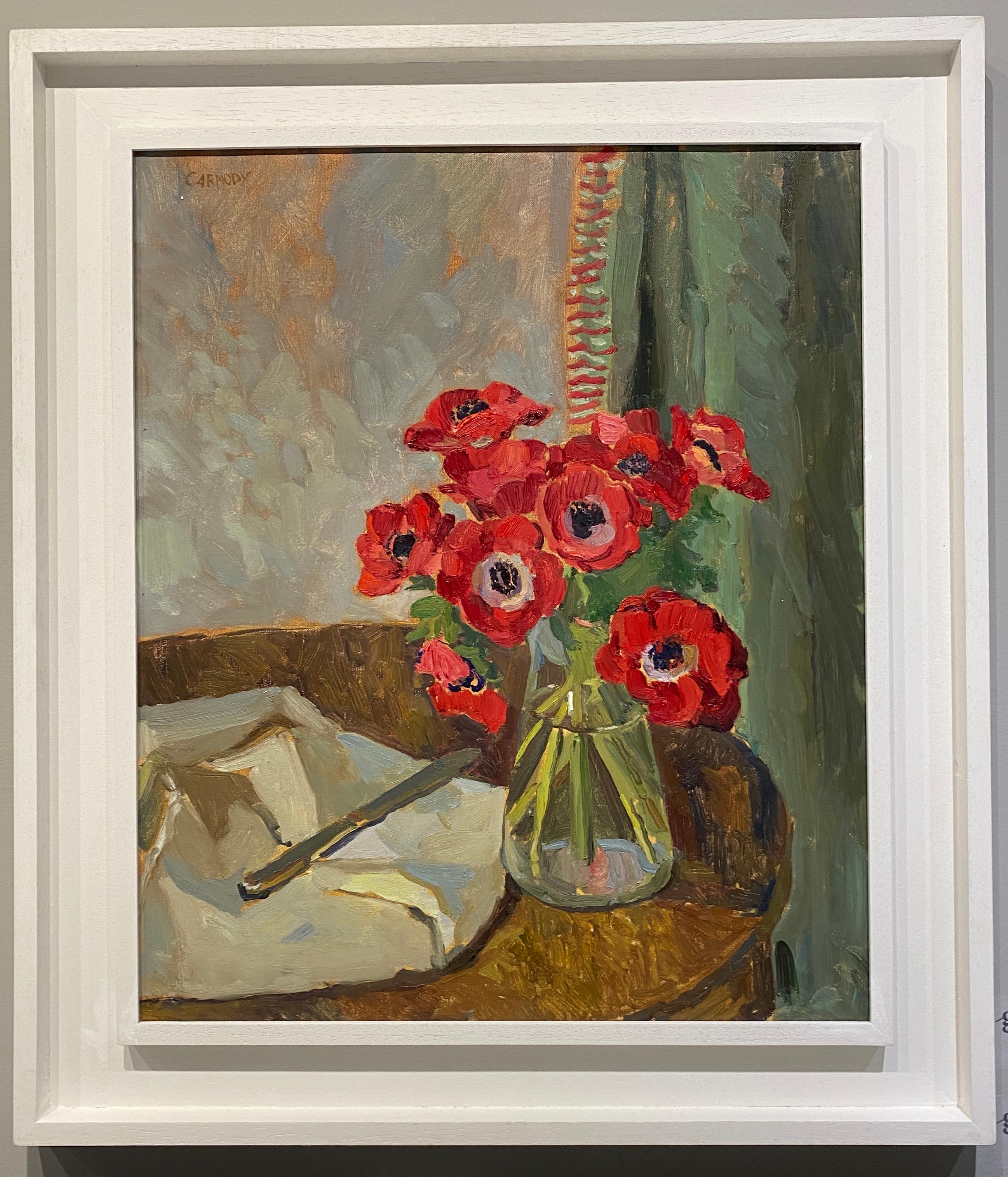 "Anemones in Red" contemporary oil painting floral still life interior, framed