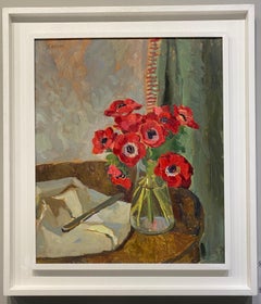 "Anemones in Red" contemporary oil painting floral still life interior, framed
