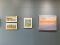 "Beach Roses and the Harbor" contemporary still life with harbor and boats