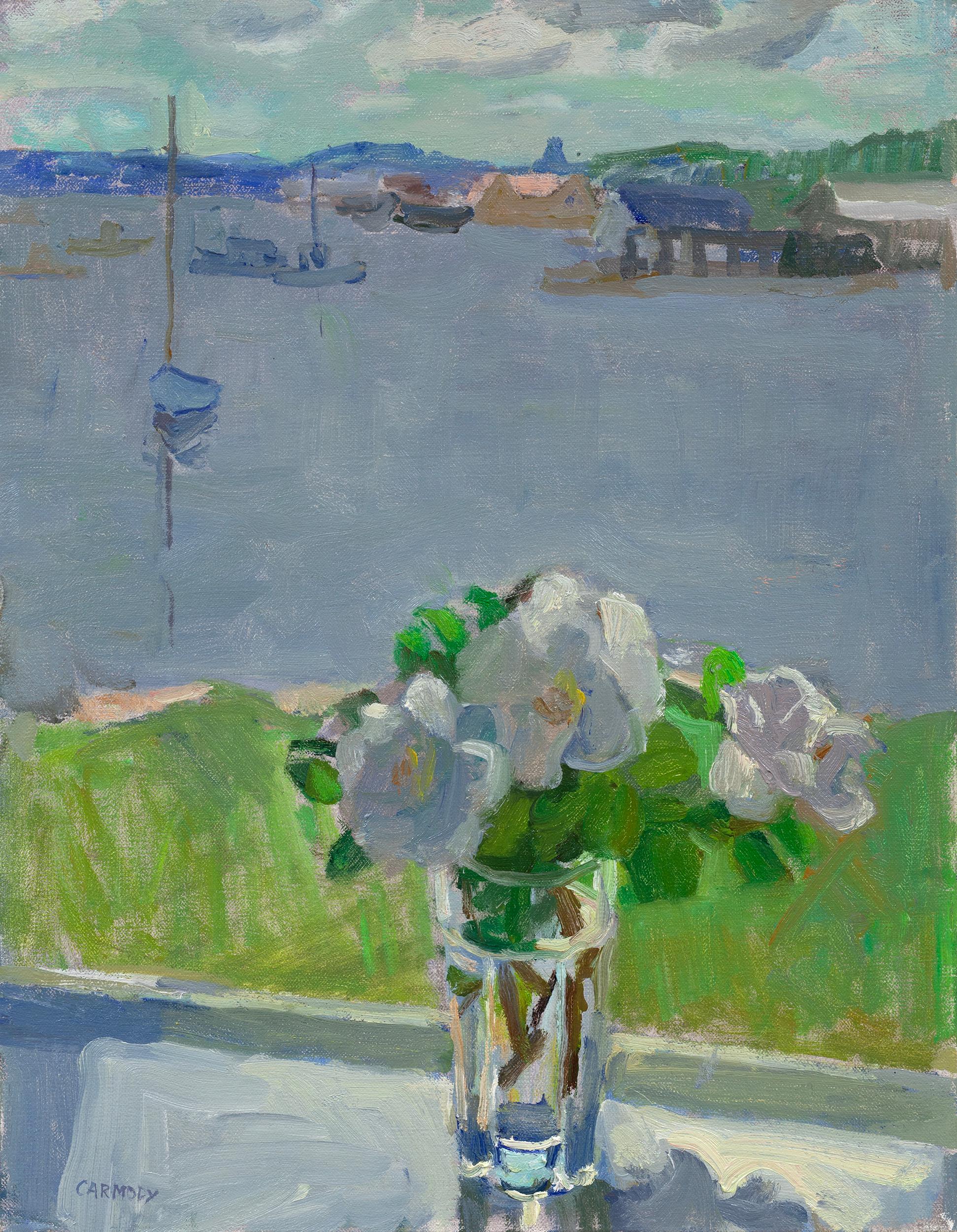 Kelly Carmody Still-Life Painting - "Beach Roses and the Harbor" contemporary still life with harbor and boats