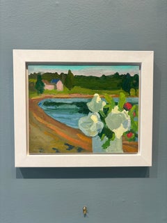 "Beach roses, evening" landscape oil painting, flowers, seashore, framed