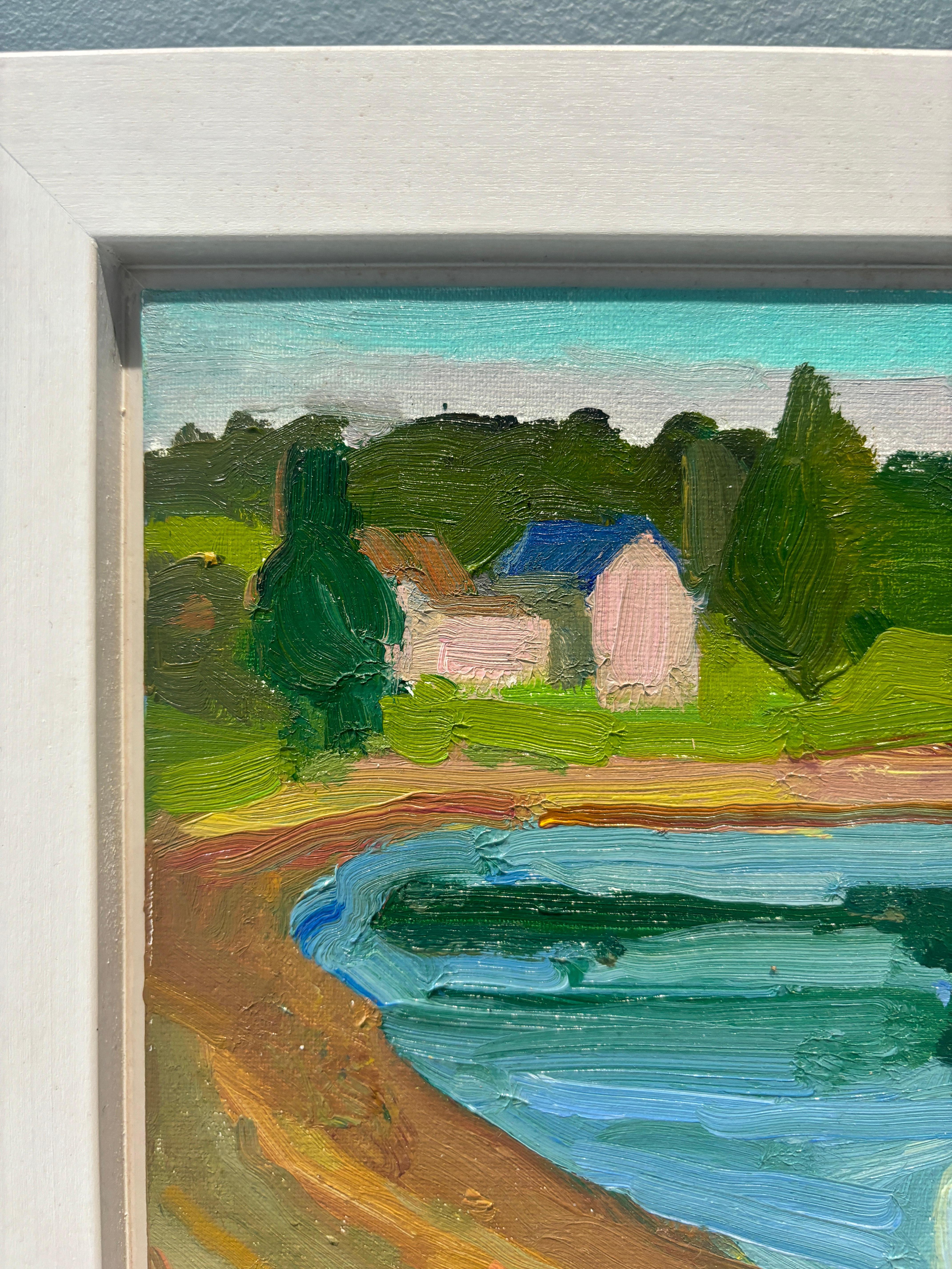 An oil painting by American Painter Kelly Carmody. A bouquet of flowers are the focal point of this small scale composition, white and red blossoms with green leaves feel abundant beside a beautiful seascape setting, waves meeting the shoreline,
