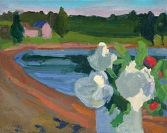 "Beach roses, evening" landscape oil painting, flowers, seashore, framed