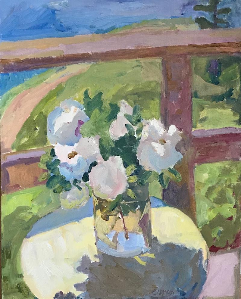 Kelly Carmody Landscape Painting - "Beach Roses on the Balcony" - contemporary oil painting still life en plein air