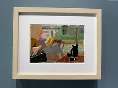 "Club de lectura" óleo sobre papel, mujer leyendo un libro en el salón, enmarcado