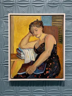 "Book Rest" oil painting seated woman with a book on lap colorful modern framed