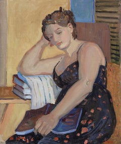 "Book Rest" oil painting seated woman with a book on lap colorful modern framed