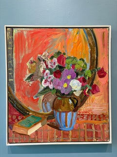 "Bouquet and Book" oil painting, impressionist still life, signed and framed