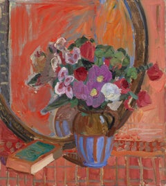 "Bouquet and Book" oil painting, impressionist still life of flowers and book