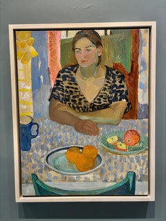 "Brooklyn" American Impressionist painting of woman seated at table, colorful