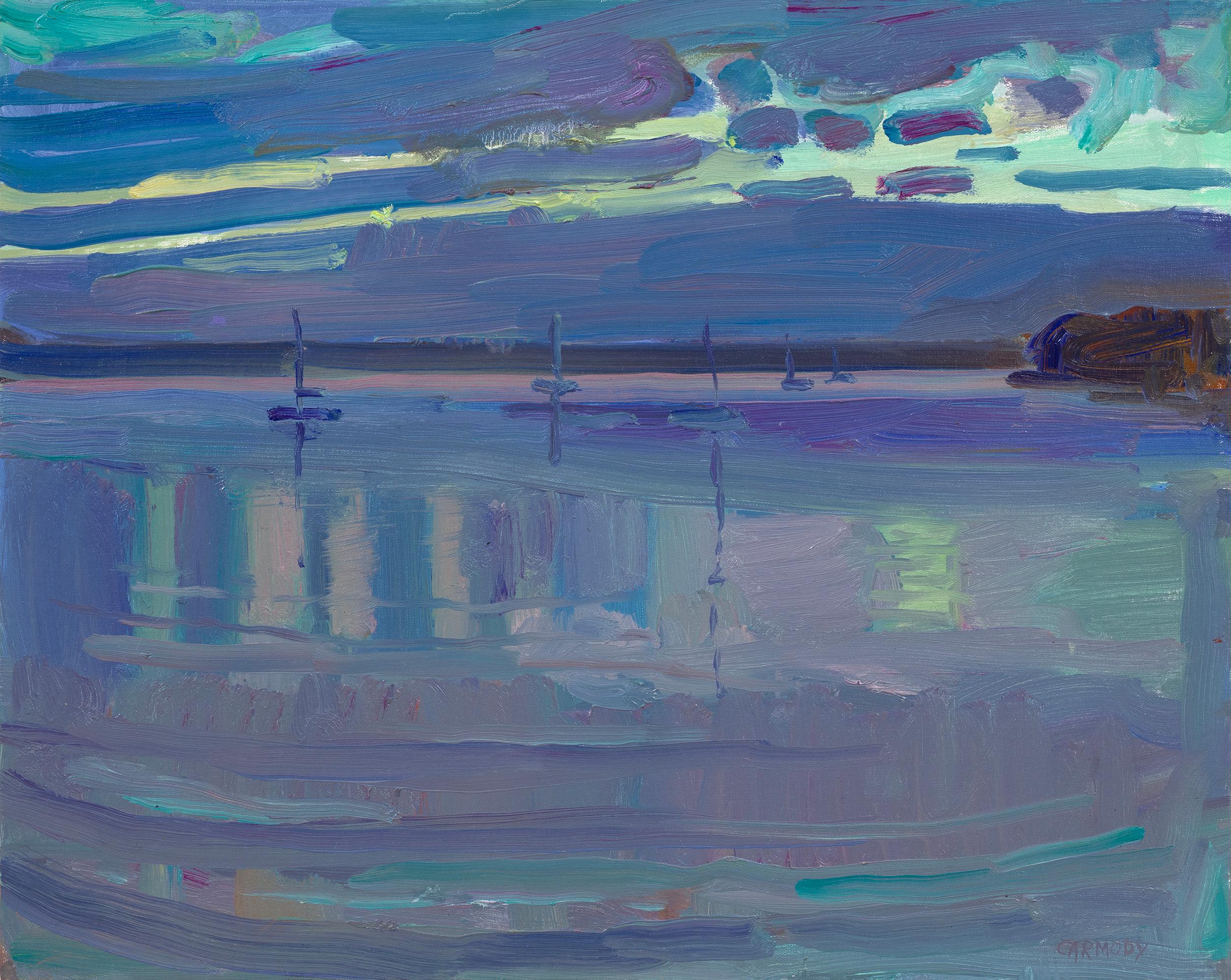 Kelly Carmody Landscape Painting – „Cloudy Evening, Dering Harbor“, impressionistische Nachtaufnahme des nordöstlichen Hafens