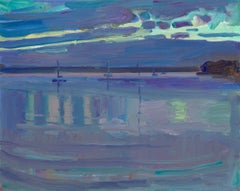 "Cloudy Evening, Dering Harbor" impressionist night view of northeastern harbor