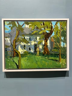"Dappled Day" oil painting, colonial house with spots of light and shade, framed