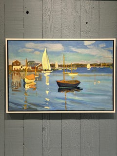 "Fin de temporada de navegación" pintura al óleo, Paisaje marino impresionista , barcos sobre el agua