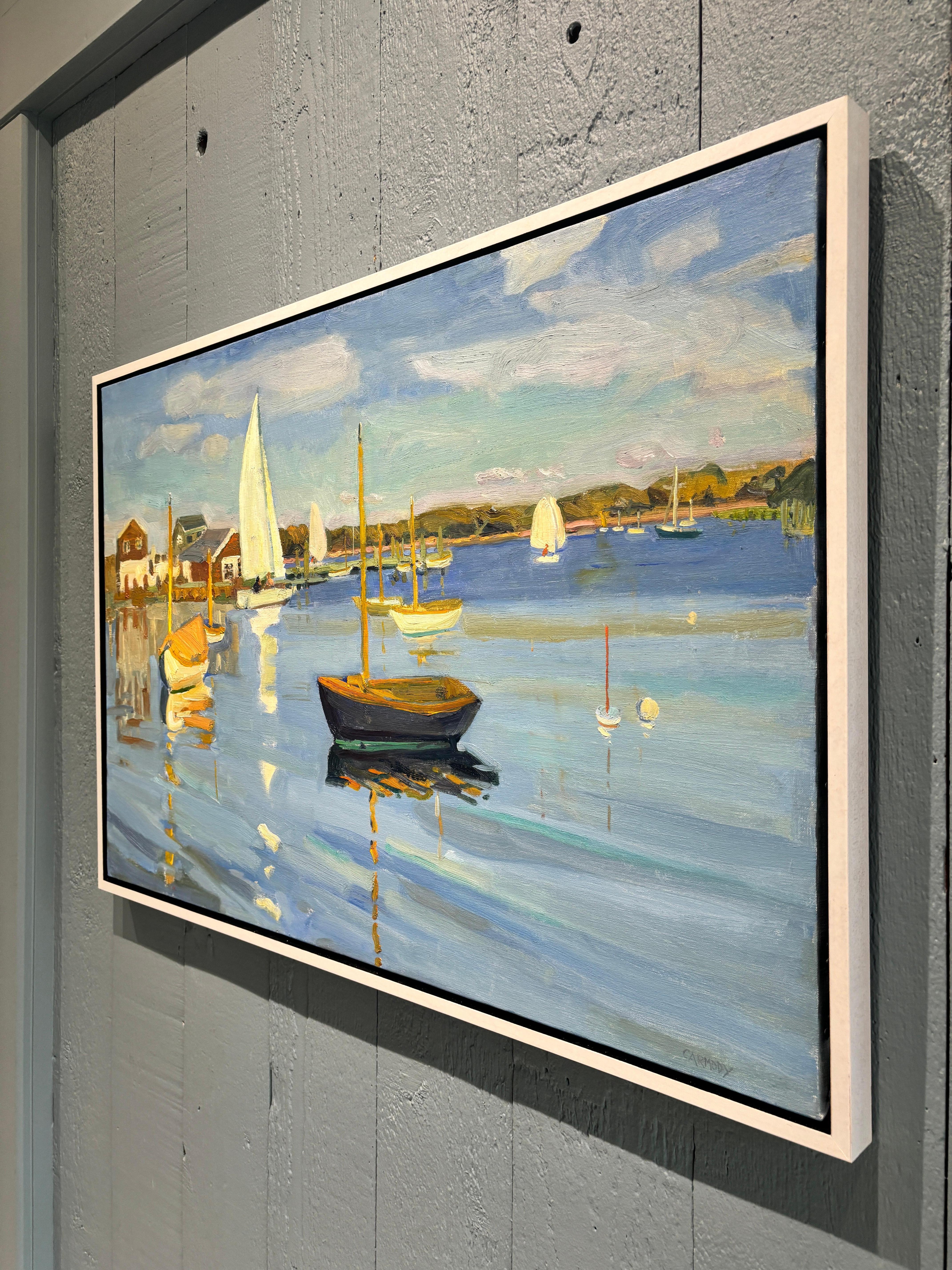 “End of Season Sailing” is an impressionist seascape painting by Kelly Carmody. It is an oil on linen painting. It depicts several boats on the water, with a dock and buildings in the background. Painted en plein air at Dering Harbor, Shelter