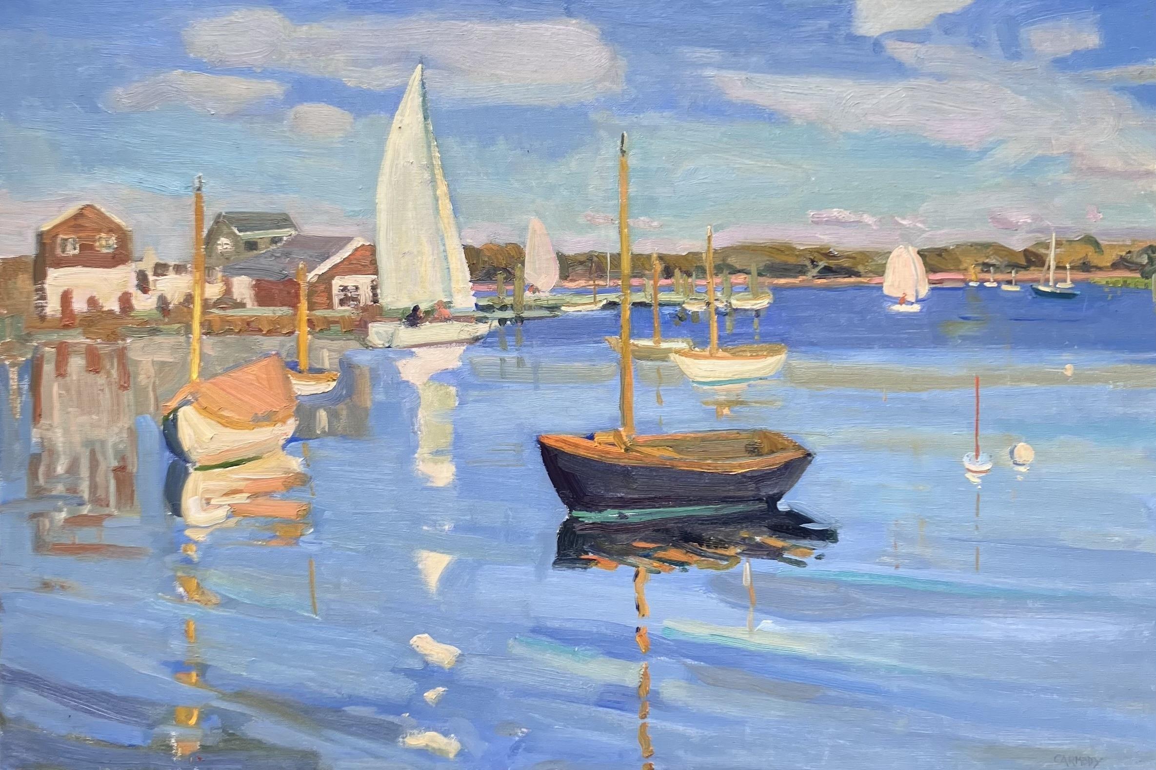 "End of Season Sailing" oil painting, Impressionist Seascape , boats on water - Painting by Kelly Carmody