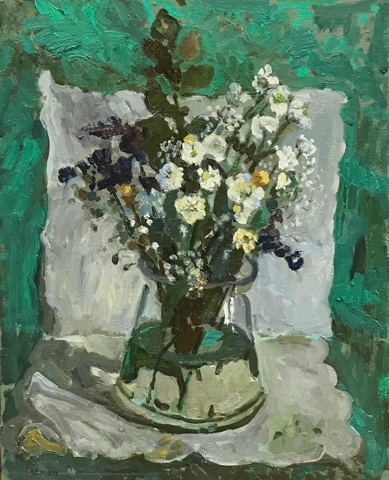 Kelly Carmody Interior Painting - "Find Us in the Fields" contemporary still life oil painting with green hues