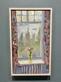 "Neblige Aussicht"  stillleben ölgemälde von blumen vor einem fenster