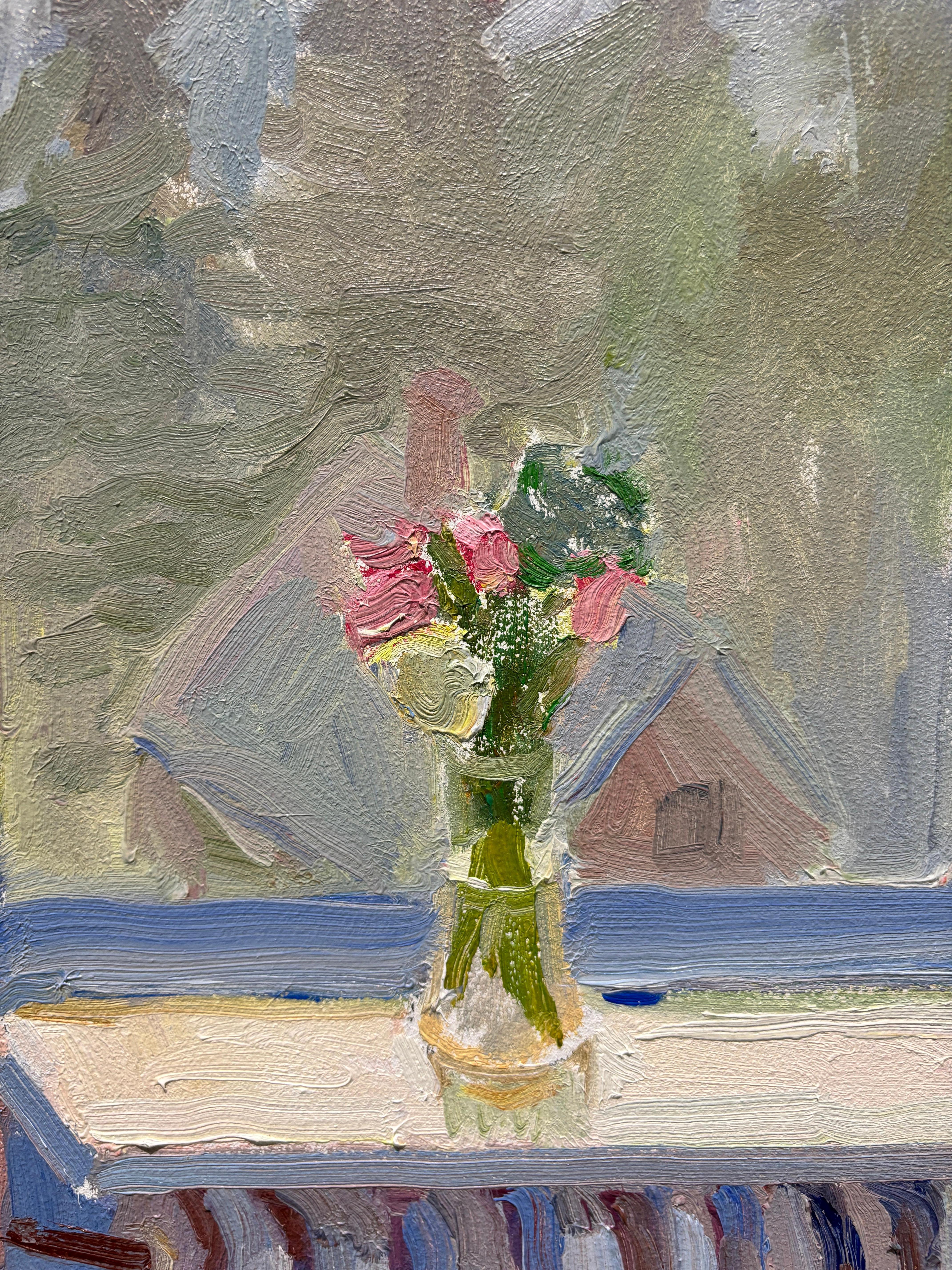 An oil painting of a vase of flowers atop a windowsill. An antique radiator takes space beneath the windowsil. The window is flanked by pink patterned drapes. The paned window gives a historic quality to the structure. The outdoor scenery consists