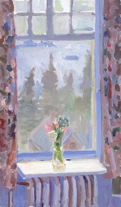 "Foggy View"  still life oil painting of flowers placed in front of a window