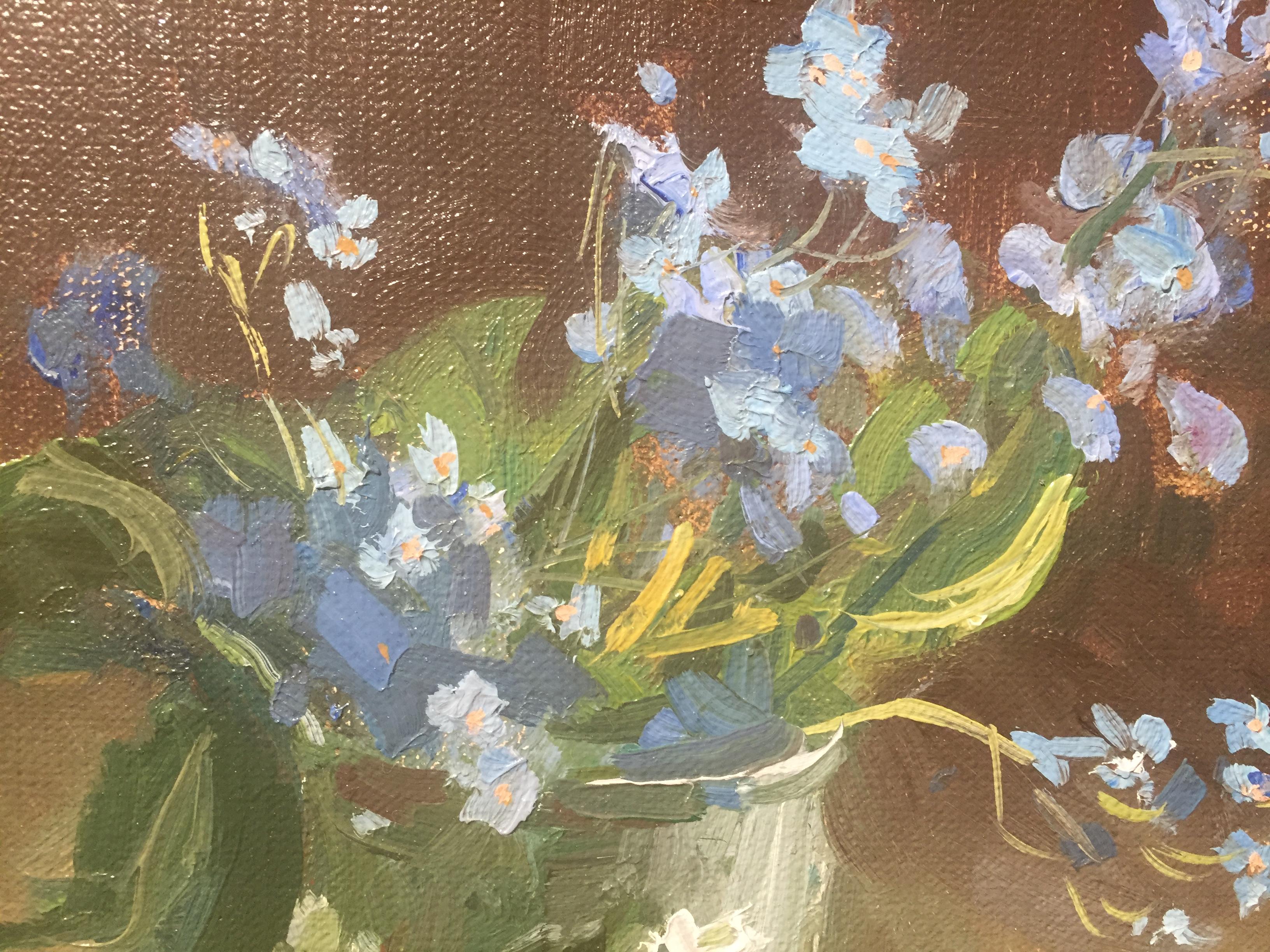 Painted from life while on a trip to Russia, Carmody captured the humility of a small batch of forget-me-nots in a clear glass atop a plate.

Framed dimensions: 16.25 x 15.125 inches

Kelly Carmody has exhibited at venues including the Portrait