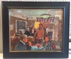 "Friday Night at the American Hotel" contemporary oil painting, dinner party fun