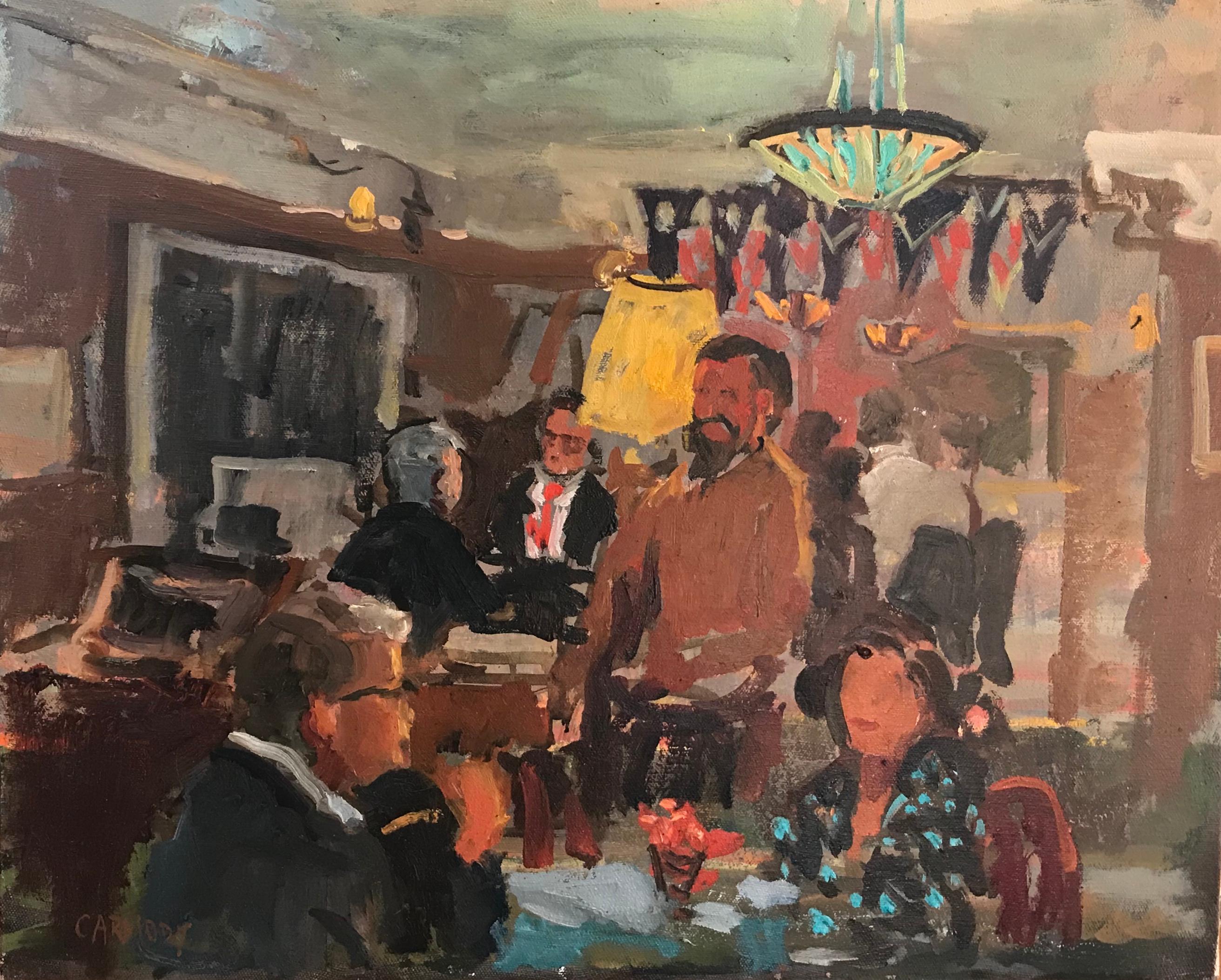 Kelly Carmody Figurative Painting - "Friday Night at the American Hotel" contemporary oil painting, dinner party fun
