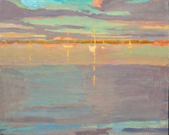 "Goldene Boote": Zeitgenössische Seelandschaft eines Hafens im Nordosten der Vereinigten Staaten bei Sonnenuntergang 