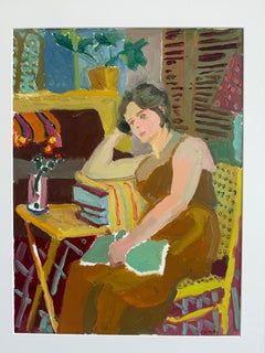 "Green book" figurative painting of woman resting with her books, patterned room