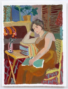 "Grünes Buch", figuratives Gemälde einer Frau, die sich mit ihren Büchern ausruht, gemusterter Raum