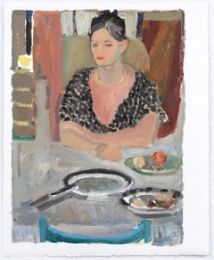 "Head of the table" figurative oil painting woman seated at dining table, framed