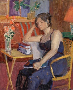 "Interior" painting of woman, seated in a colorful patterned room with flowers