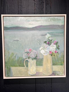 "Island Wildflowers", pittura a olio, natura morta, fiori di campo in vaso in riva al mare