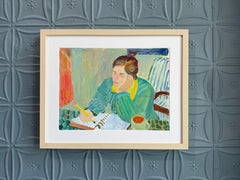 "Journaling" figuratives Ölgemälde einer Frau, die in ein Notizbuch schreibt, signiert, gerahmt