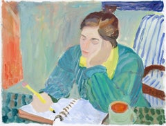 "Journaling" figuratives Ölgemälde einer Frau, die in ein Notizbuch schreibt, grün, rosa