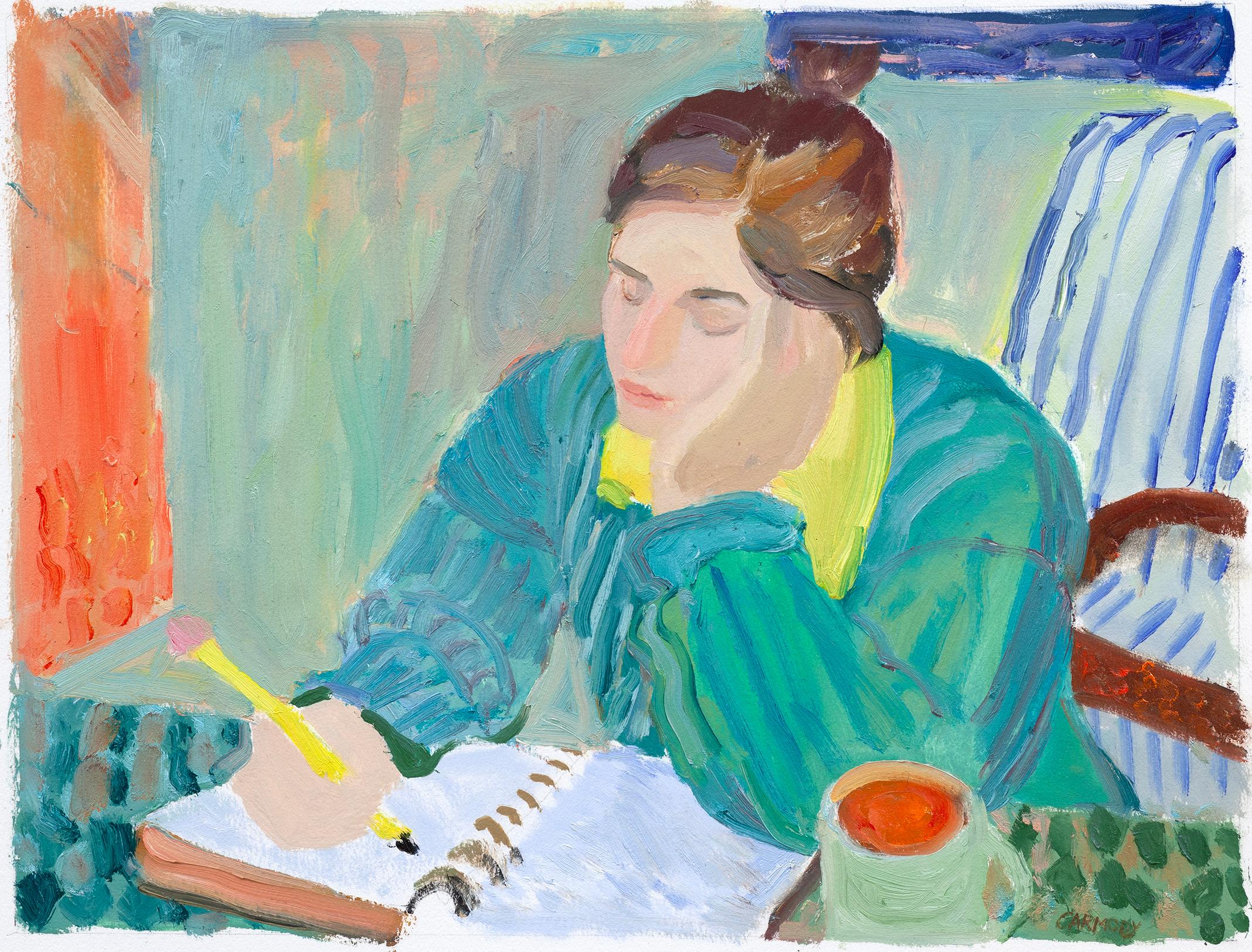 "Journaling" figurative oil painting of woman writing in notebook, signed framed
